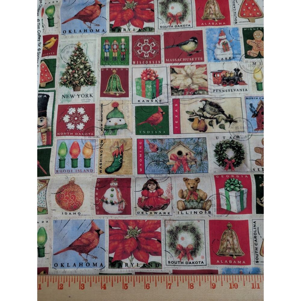 1 Yard Fabric VINTAGE CHRISTMAS STAMPS Usa States Adorable Cardinal Nutcracker